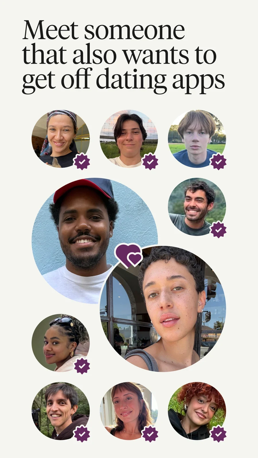 Hinge, panel 2: A collage uses portraits and verification-style marks to suggest a community.