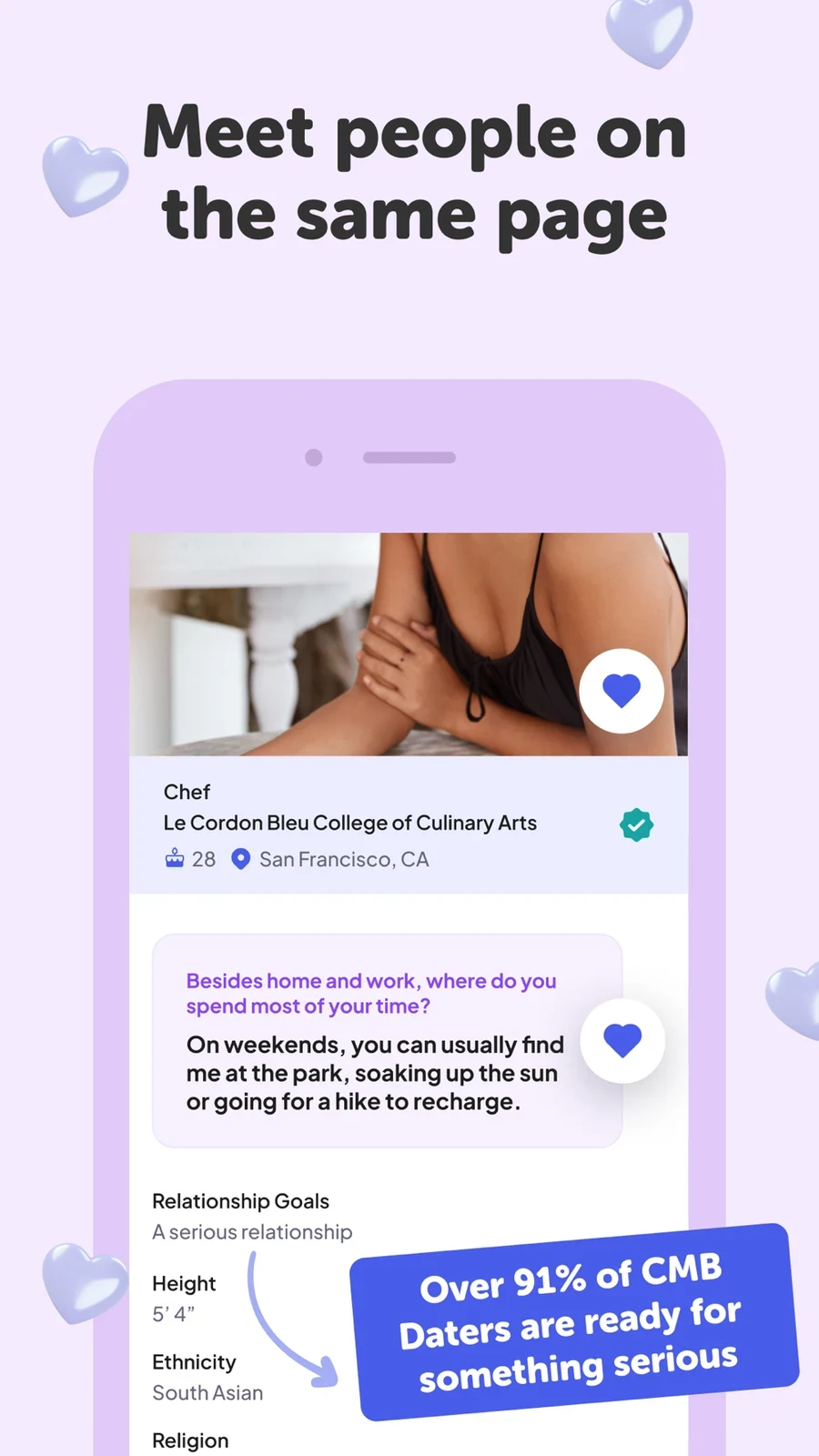 Coffee Meets Bagel: Dating App, panel 3: A relationship goal appears beside a publisher percentage claim.