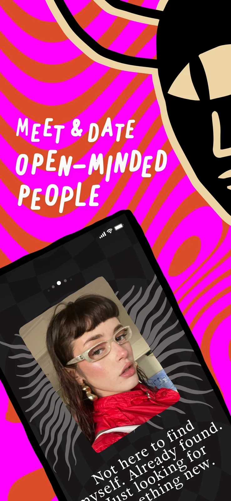 PURE: Open-Minded Dating App, panel 1: An angled profile opens with an open-minded dating message.