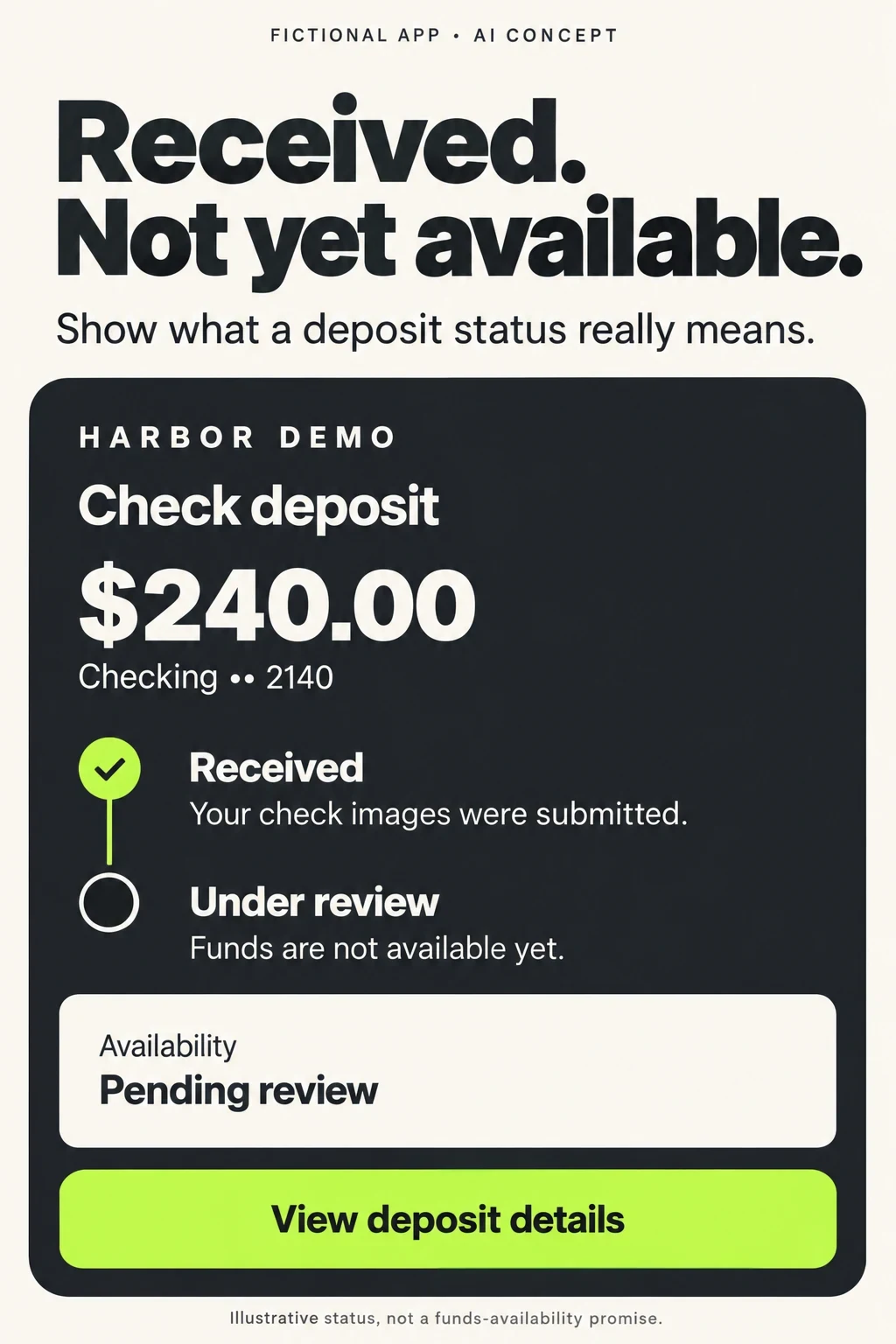 Fictional check deposit UI showing 240 dollars received and under review, with funds not yet available