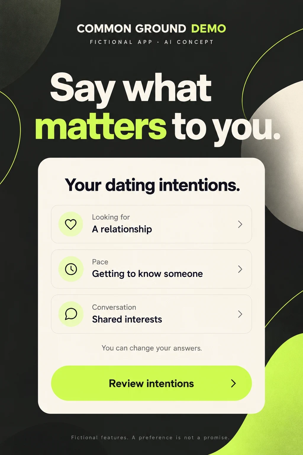 Fictional relationship intention and preference settings