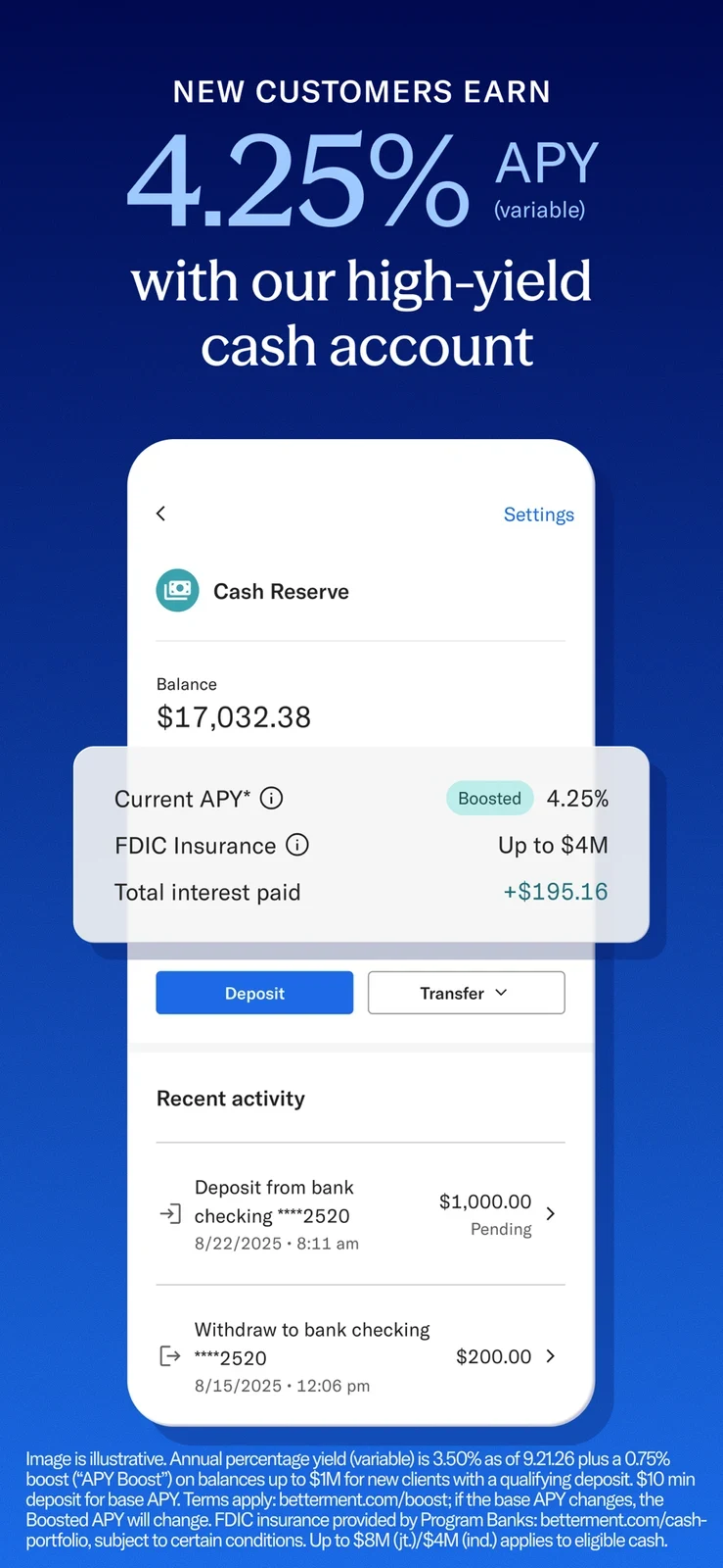 Betterment, panel 4: A cash-account panel enlarges a variable-rate and account-details overlay.
