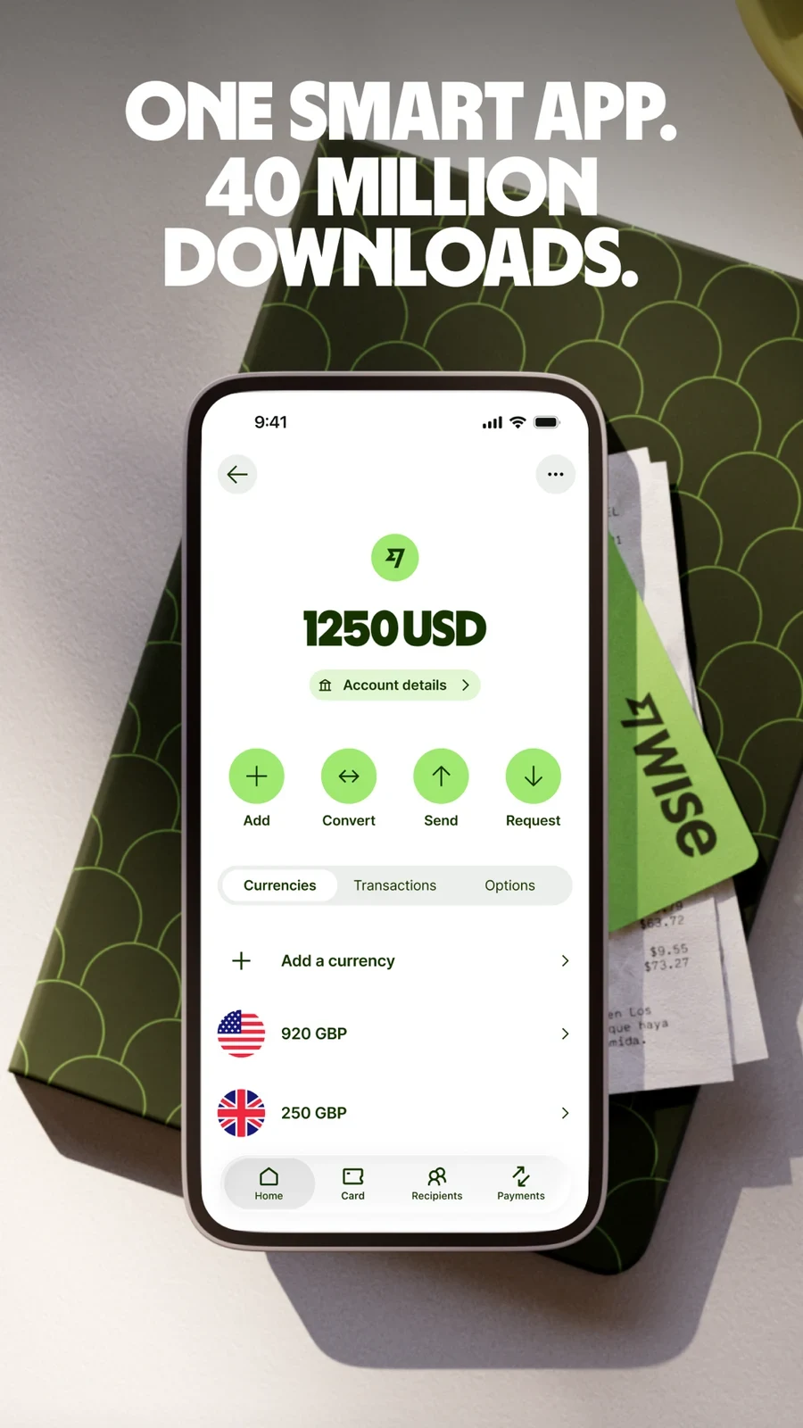 Wise: multi-currency home screen with account actions