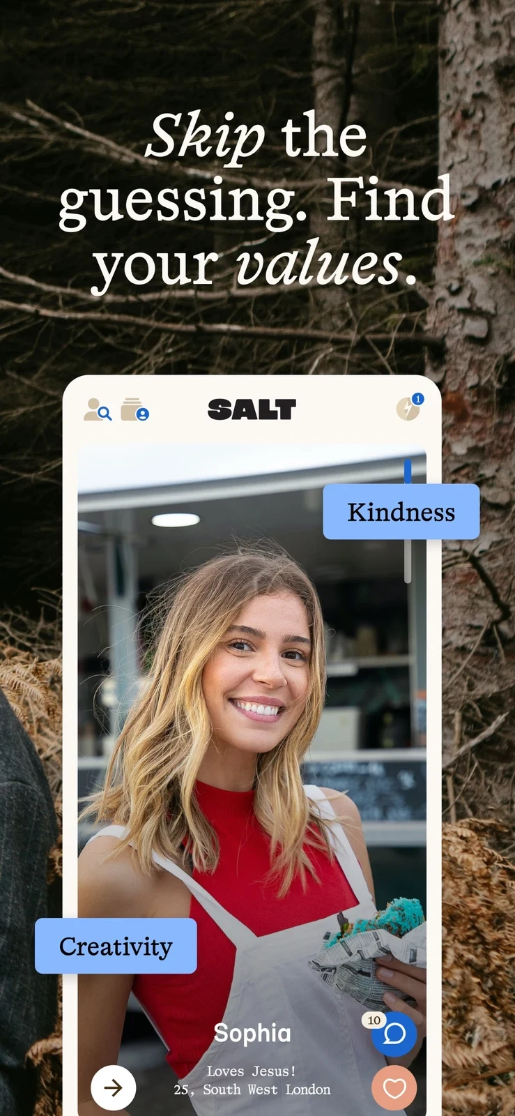 SALT - Christian Dating App, panel 2: A profile is accompanied by values labels.