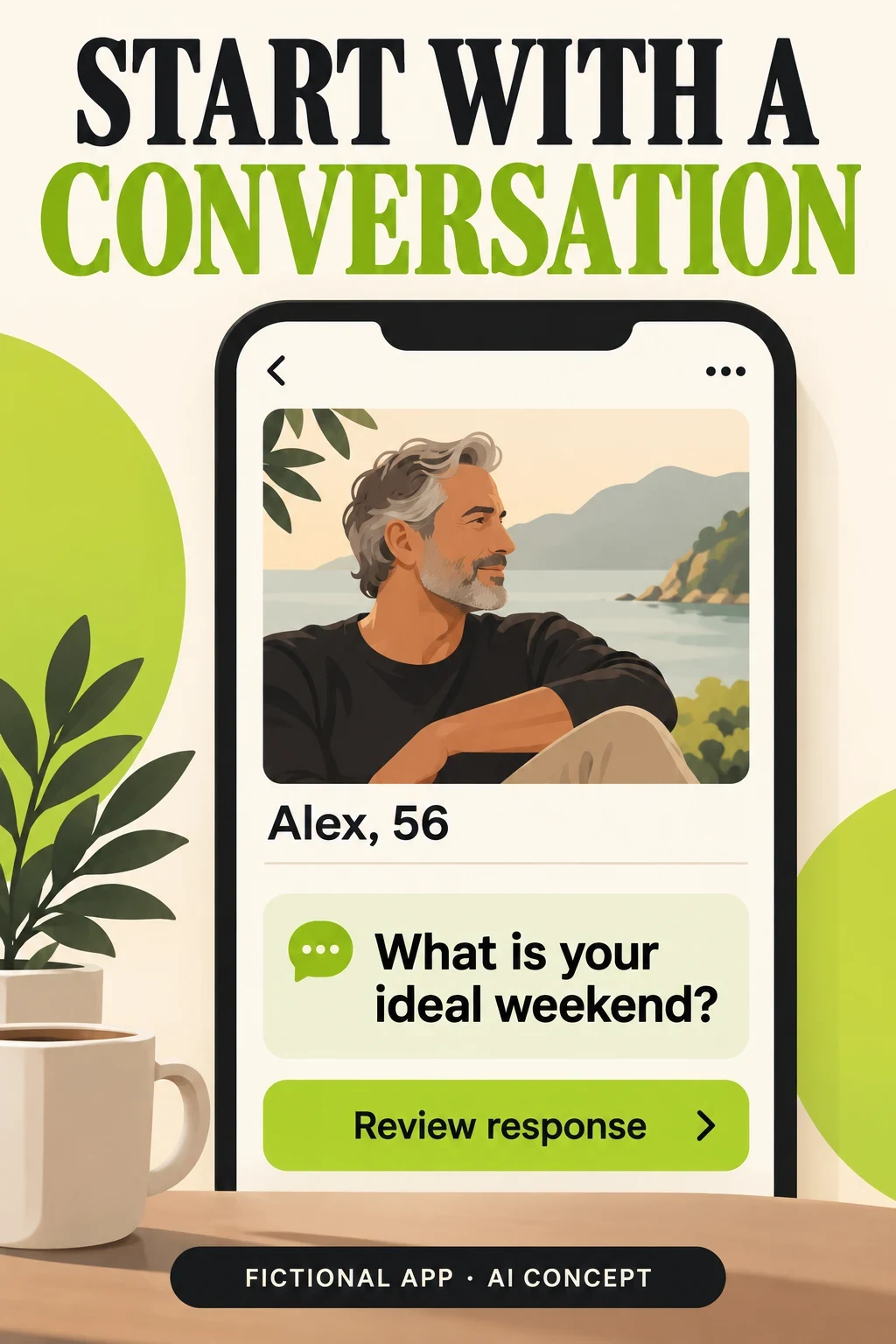 Fictional dating profile and conversation prompt