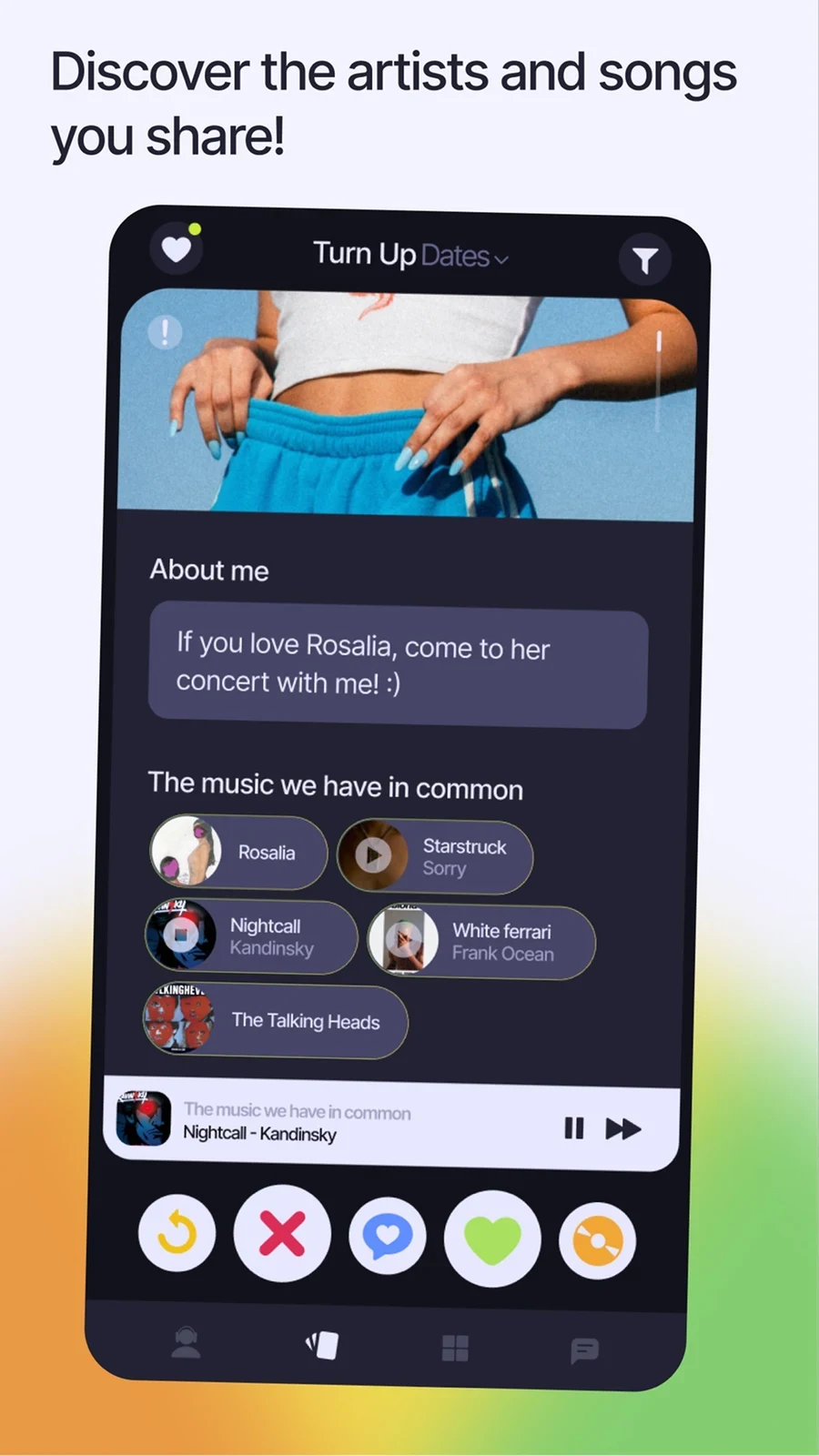 Turn-Up, panel 3: A profile highlights shared artists and songs.