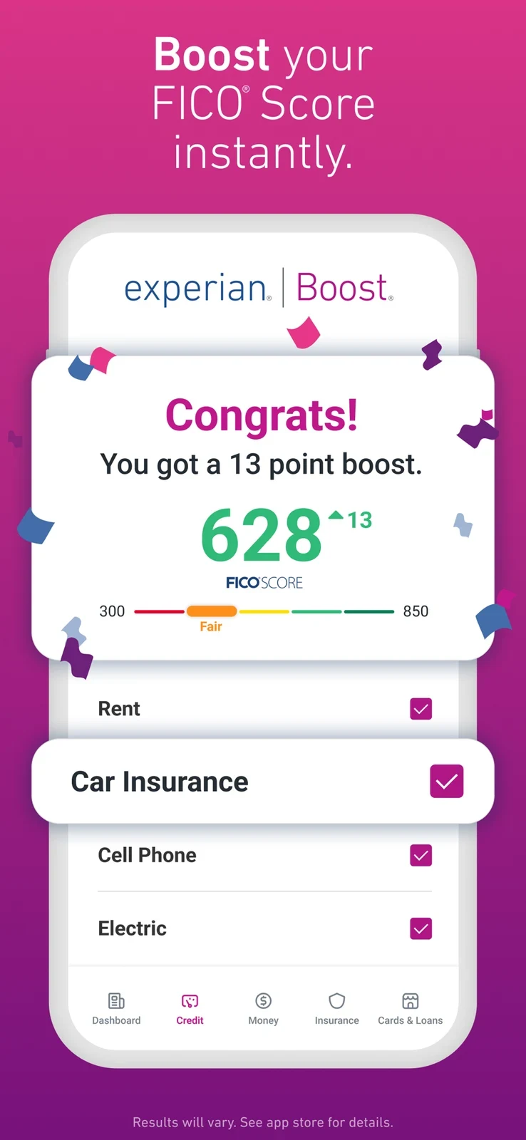 Experian, panel 3: A celebratory score-change example is paired with eligible-bill imagery and a results-vary note.