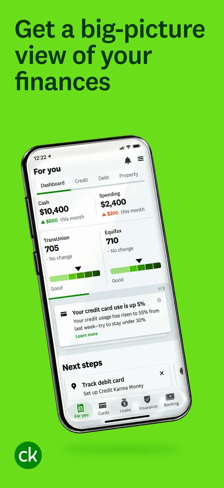 Credit Karma, panel 1: An angled dashboard shows two bureau scores alongside cash and spending.
