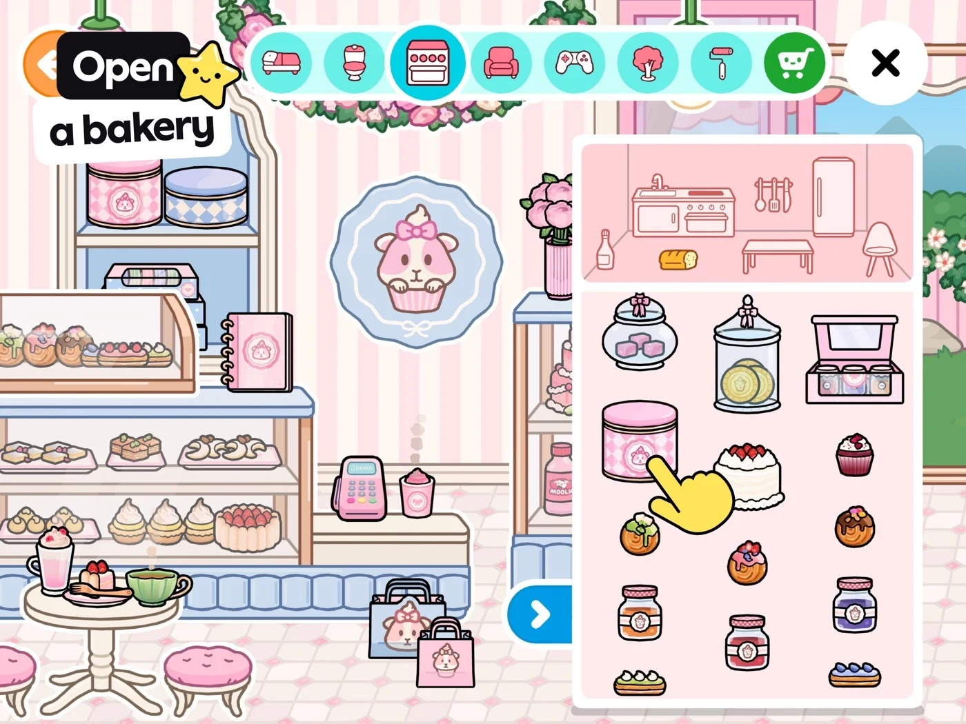 Toca Boca World: Game & Play, panel 4: A bakery activity shows a hand and object picker.