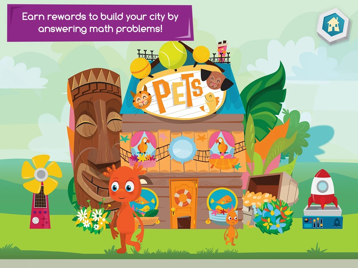 Moose Math - Duck Duck Moose, panel 2: A city scene describes rewards for math answers.