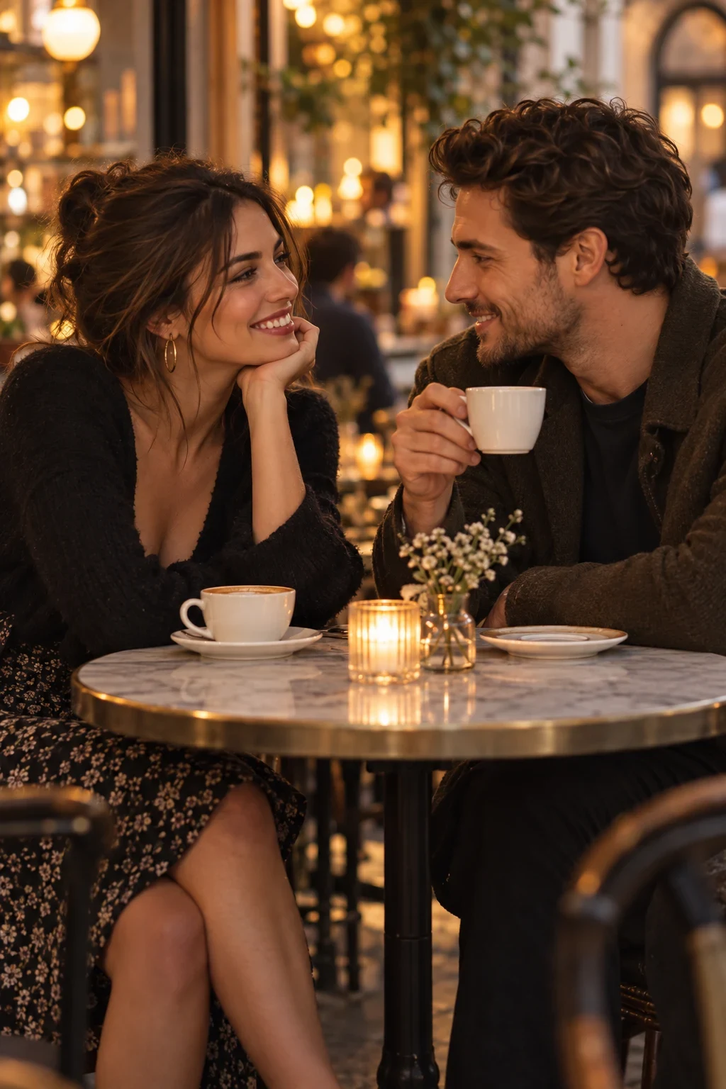 Two adults enjoying a coffee date in a warmly lit cafe