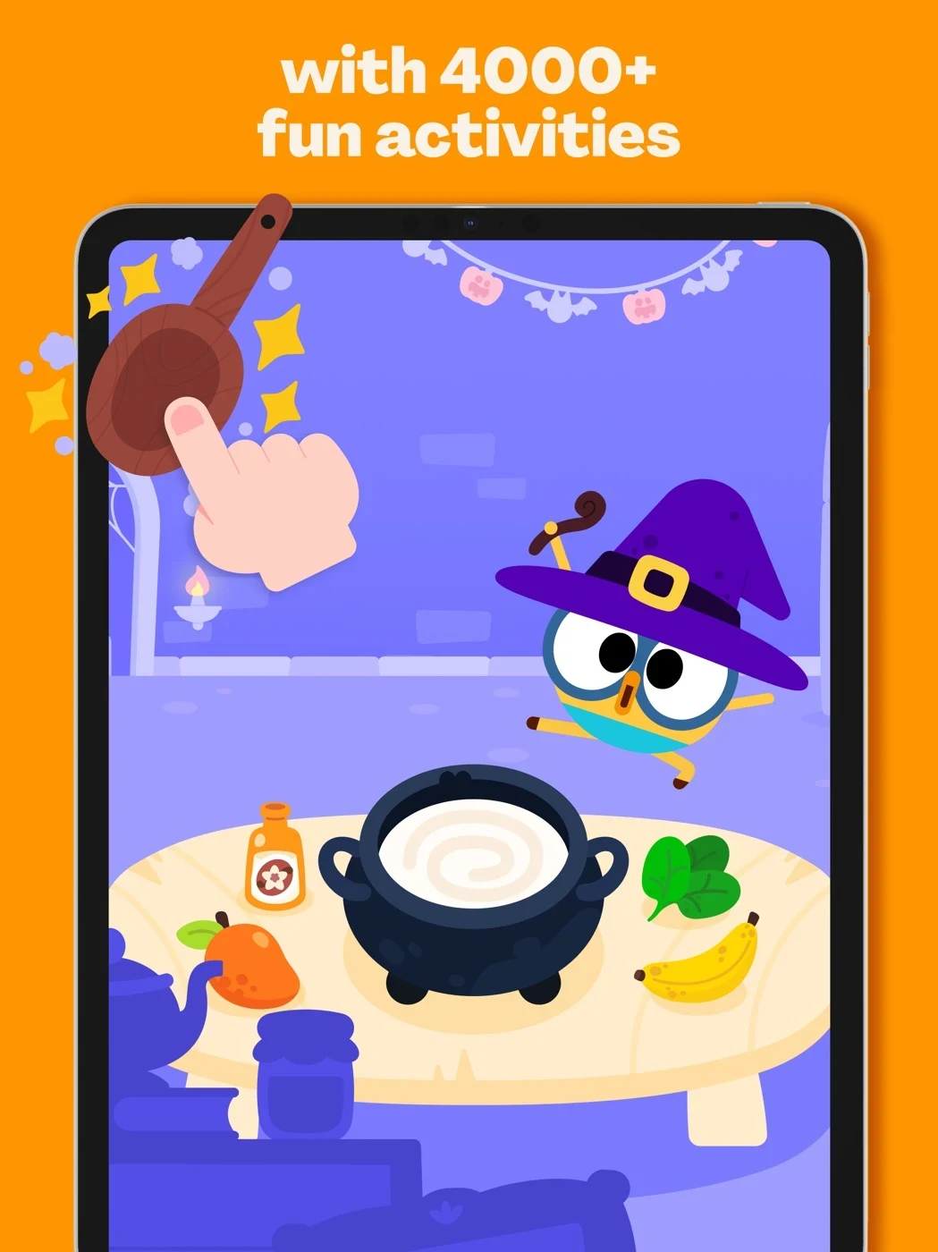 Lingokids: Games & Shows, panel 2: A cooking scene accompanies a publisher activity-count claim.