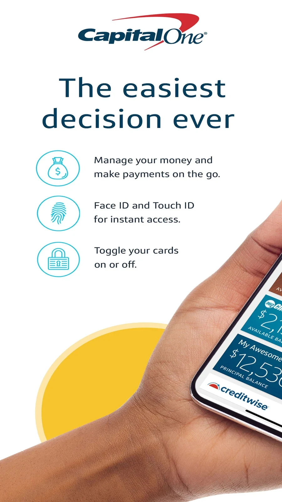 Capital One, panel 1: An introductory benefit list shares space with a hand-held phone crop.