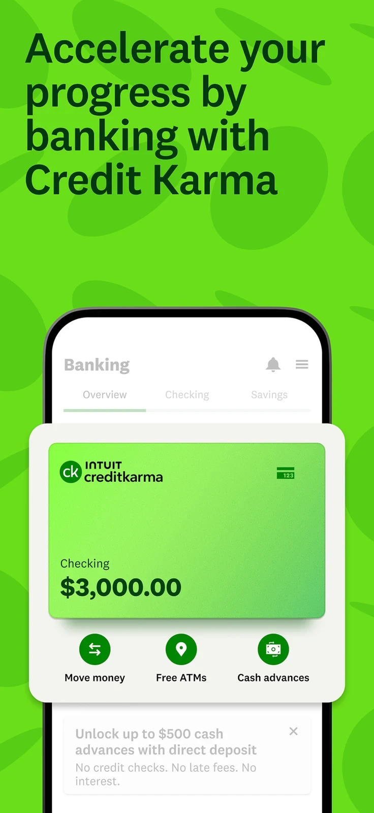 Credit Karma, panel 4: A banking frame introduces a checking balance and money-movement features.