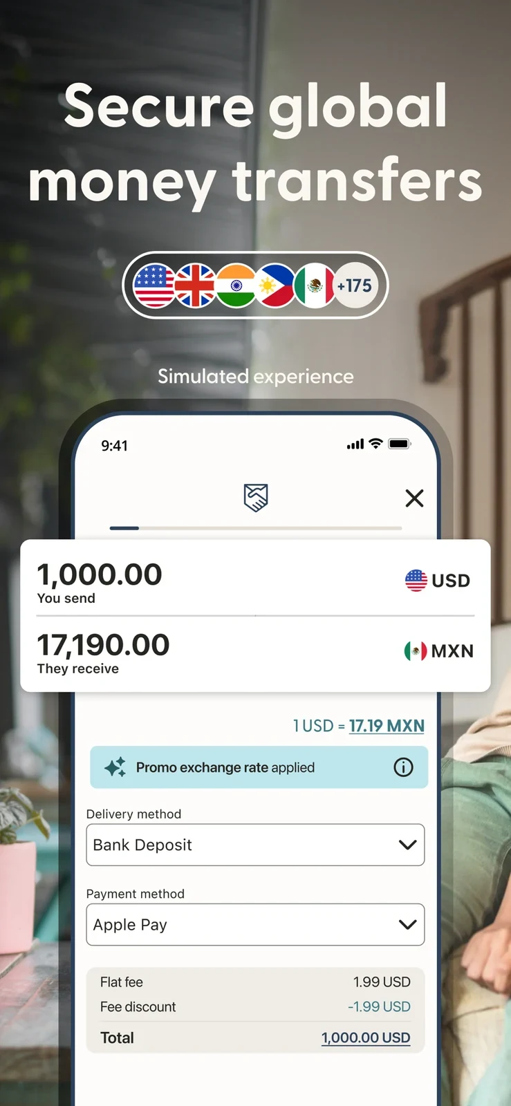 Remitly, panel 2: A quote example includes funding, fee and discount details.