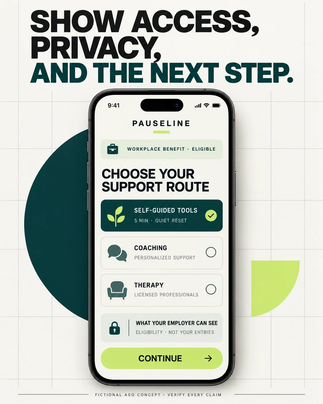 Fictional Pauseline access privacy and support route concept