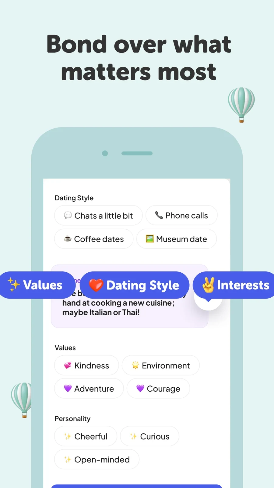 Coffee Meets Bagel: Dating App, panel 4: Profile labels show dating style, interests and values, partly covered by overlays.
