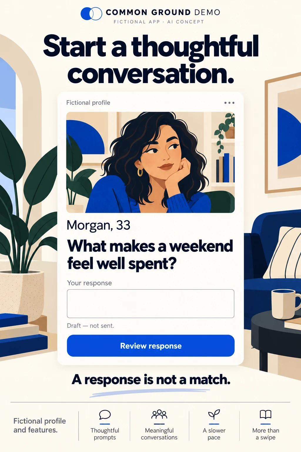 Fictional adult profile with a conversation prompt and unsent response