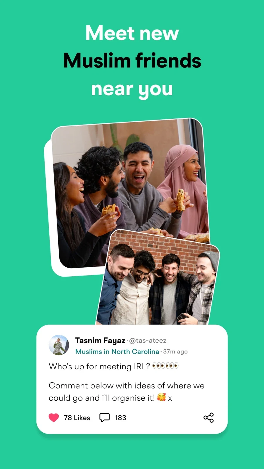 Muzz: Where Muslims Marry, panel 3: A community post suggests friendship.