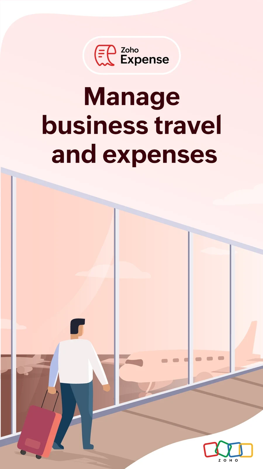 Zoho Expense: airport illustration introducing business travel and expenses