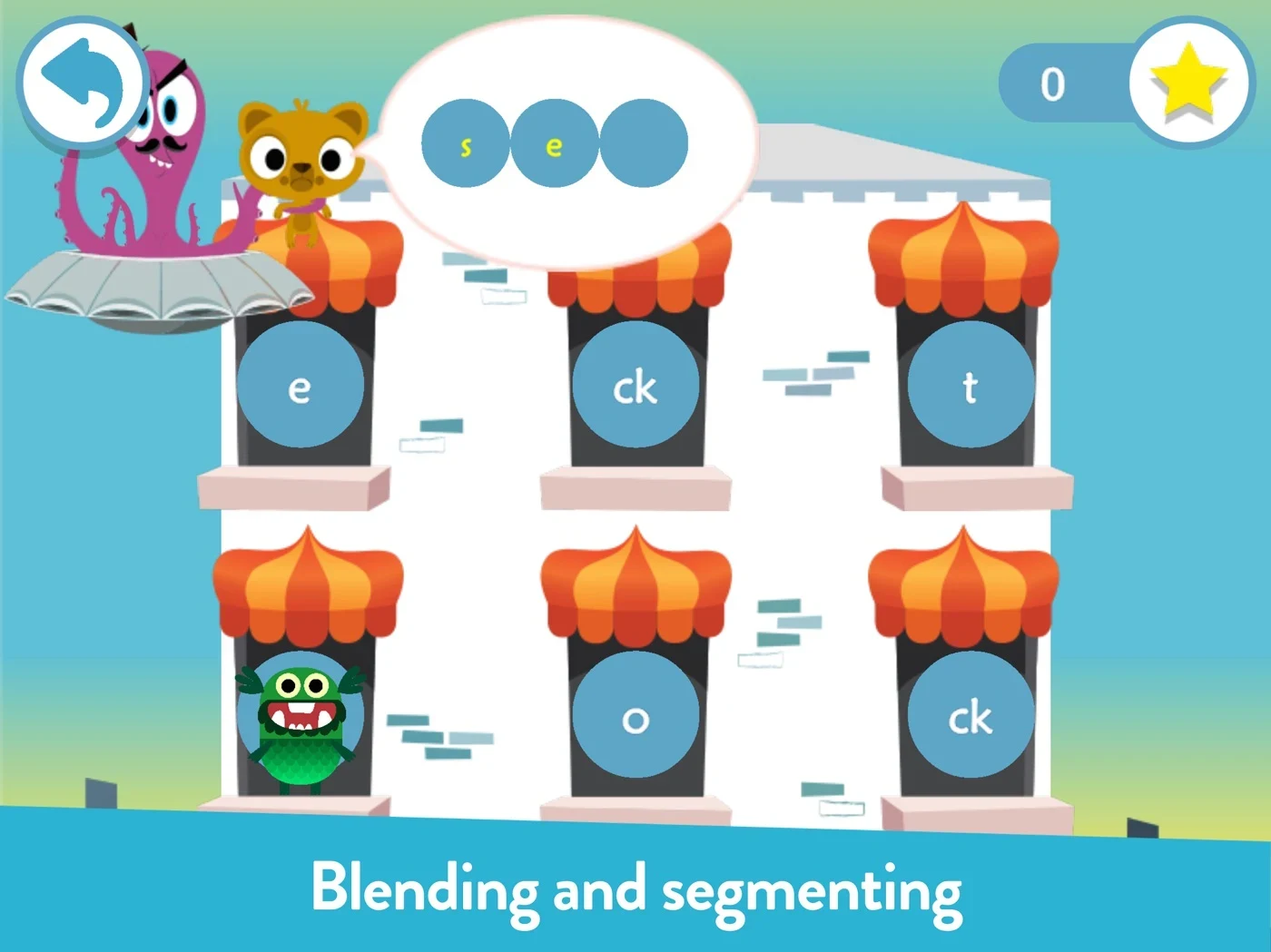 Teach Your Monster to Read, panel 3: Letter options appear in a blending activity.