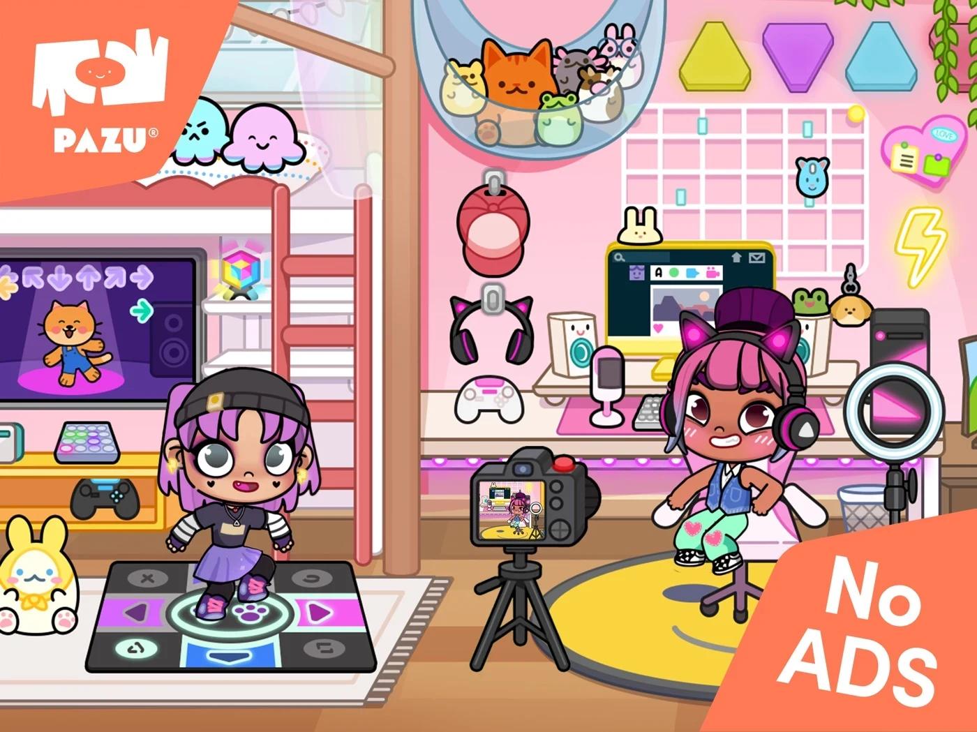 Avatar World ®, panel 1: A game-room scene carries a no-ads claim.