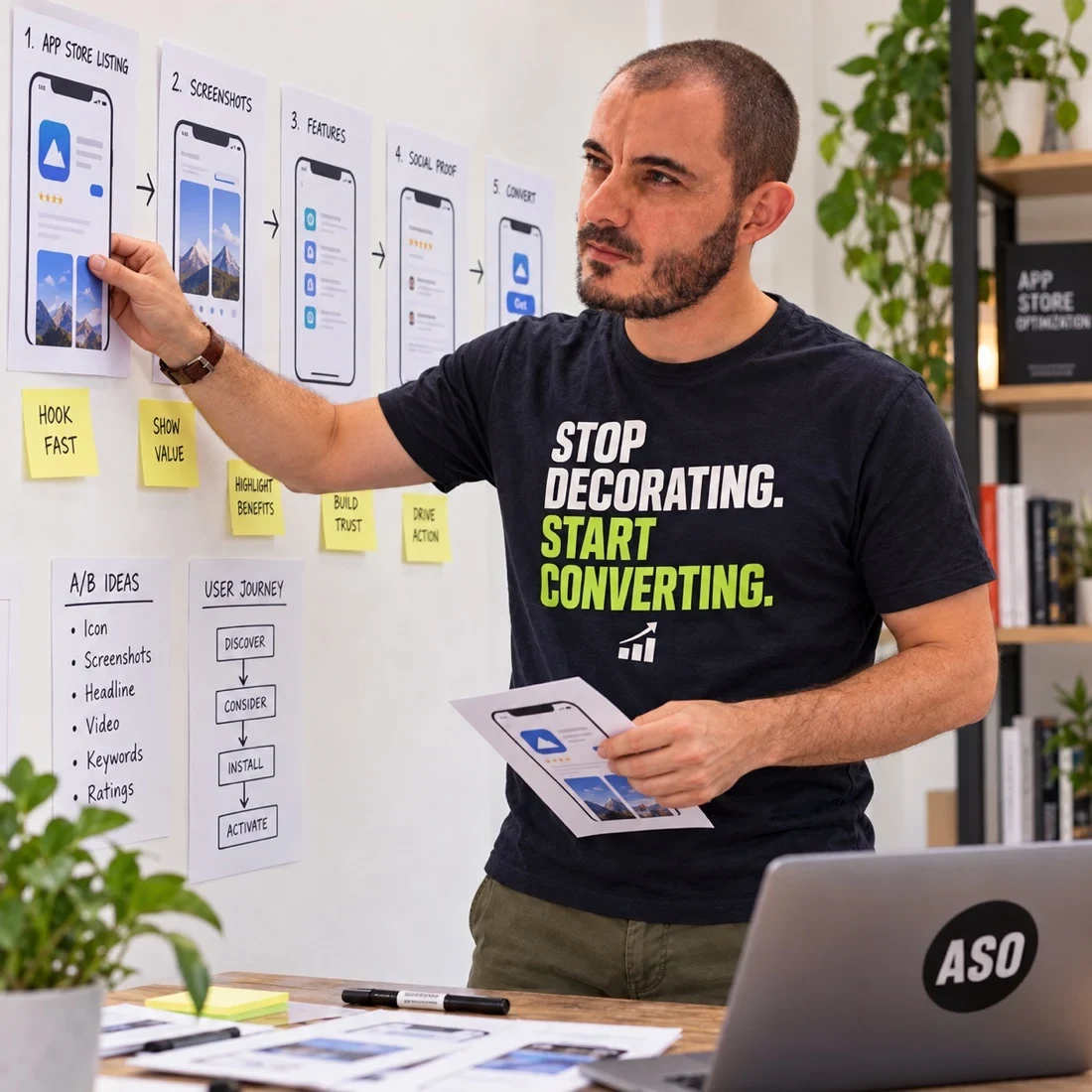 Gabriel planning an app screenshot narrative at his work desk
