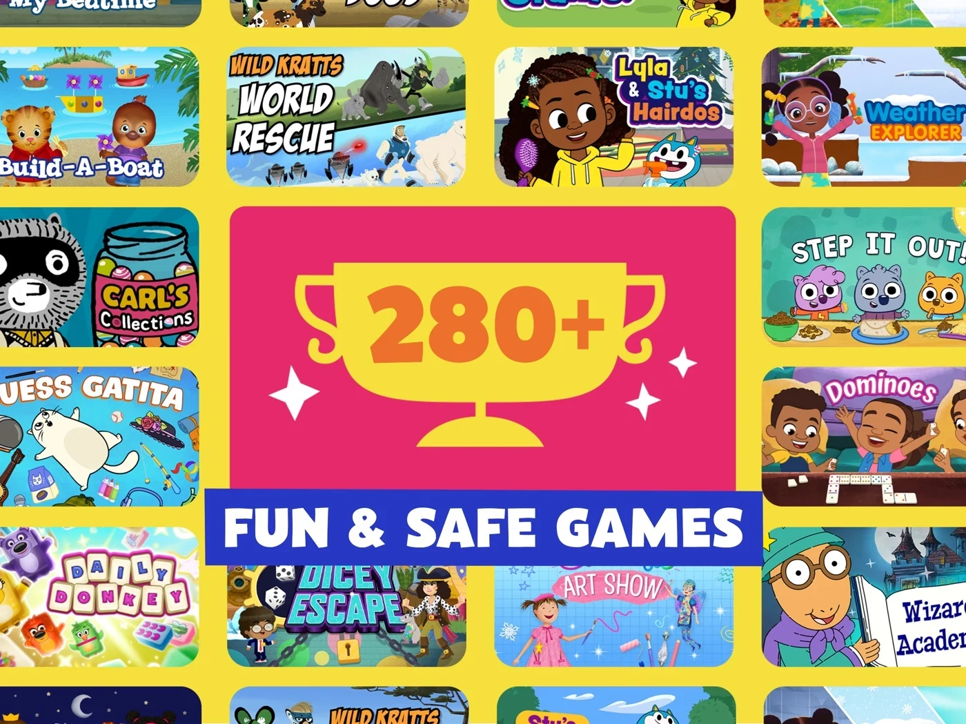 PBS KIDS Games, panel 3: A collage carries a publisher game count and safety language.