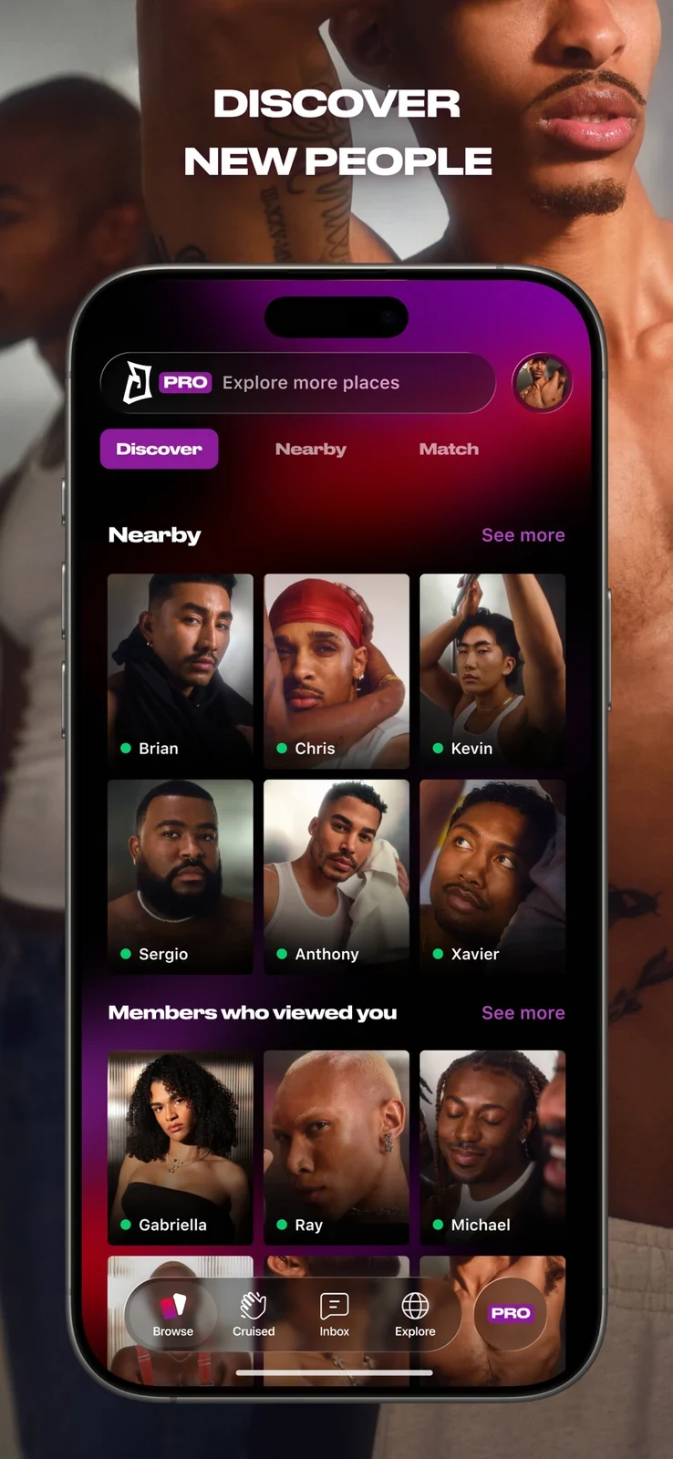 Jack’d - Gay chat & dating, panel 2: A nearby discovery grid shows profiles and controls.