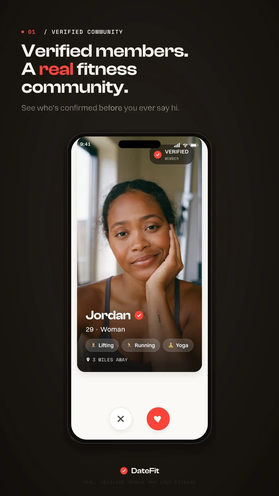DateFit: Fitness Dating, panel 1: A verified-member claim leads with a profile.