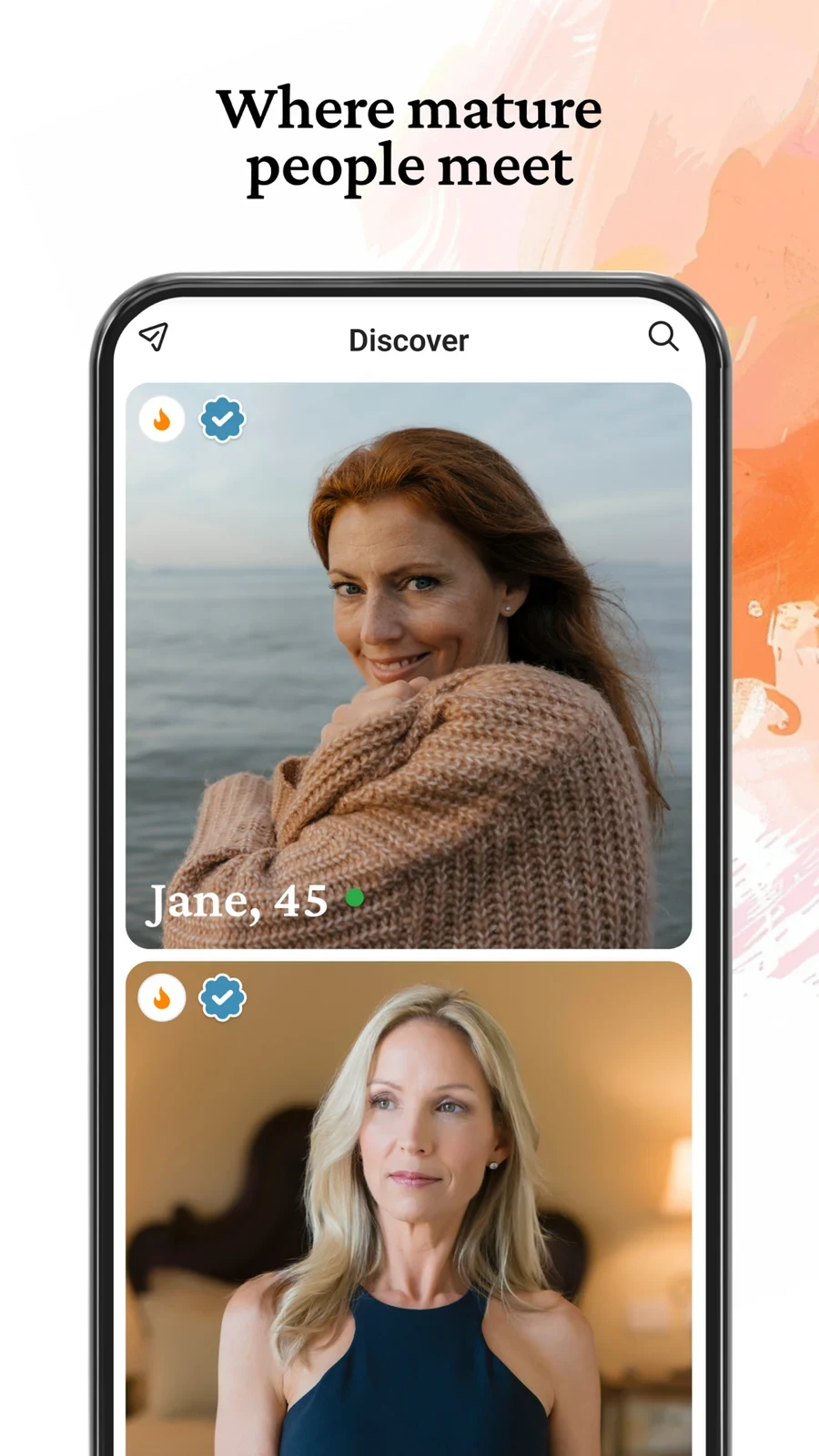 DateMyAge Mature Connections, panel 2: A discovery view includes profile markers.