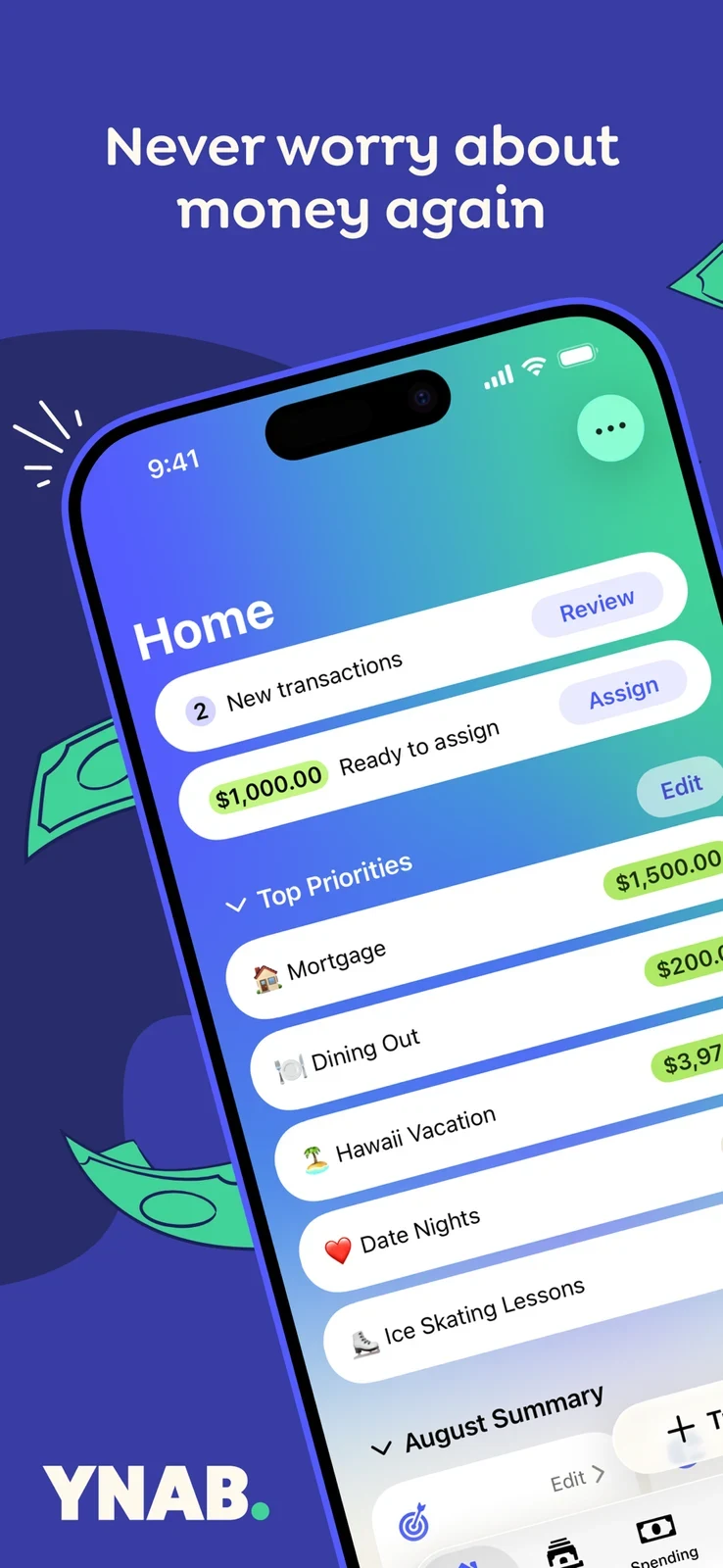 YNAB: tilted home screen with money ready to assign and category priorities