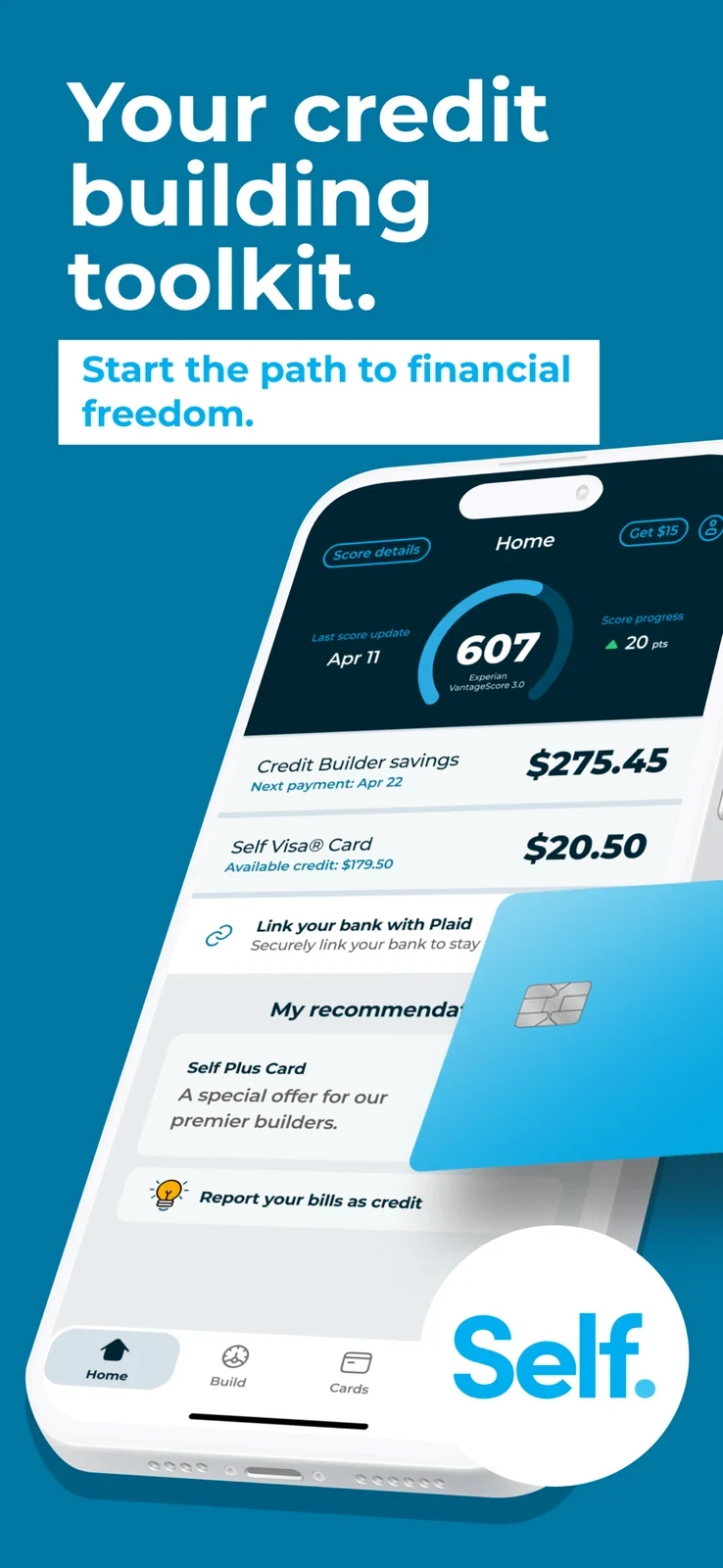 Self, panel 1: An angled overview combines score context, builder savings and card information.