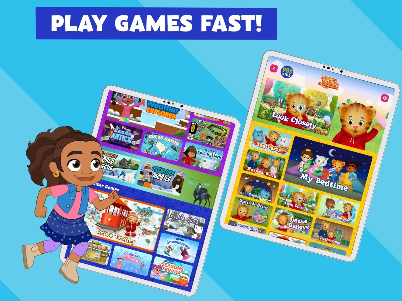 PBS KIDS Games, panel 4: Two library views show activity selection.