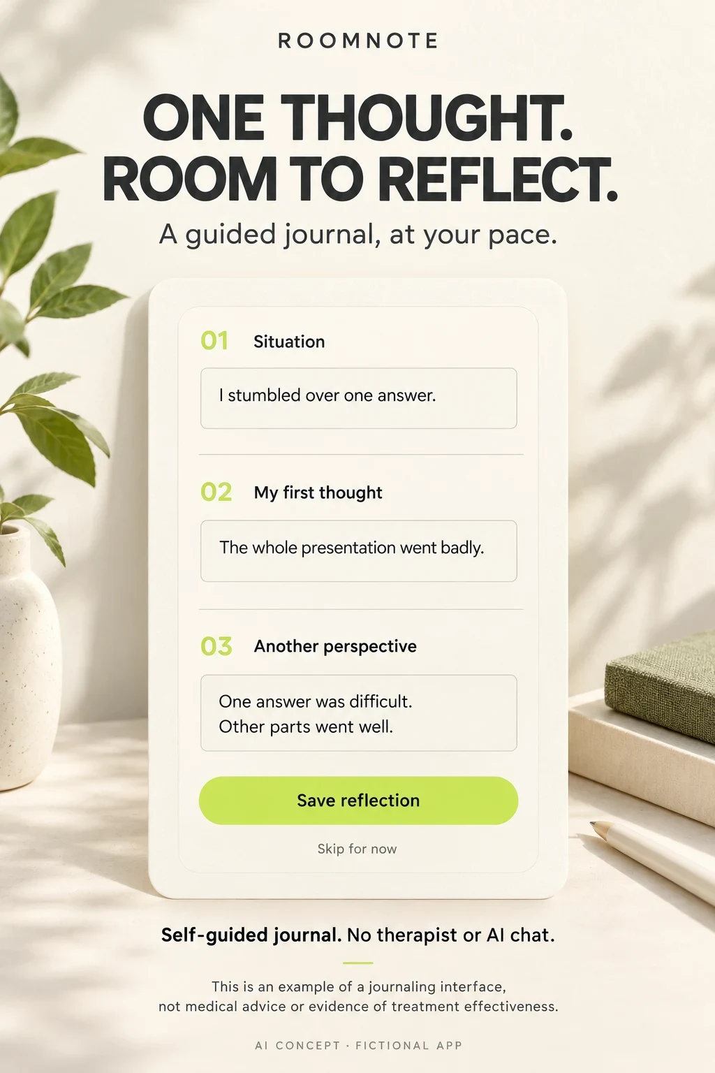 Fictional RoomNote self-guided thought journal with three editable reflection fields