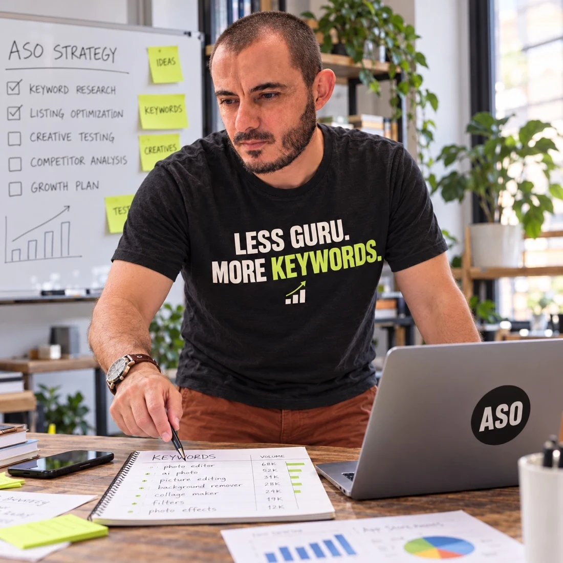 Gabriel reviewing app store research and highlighting useful findings