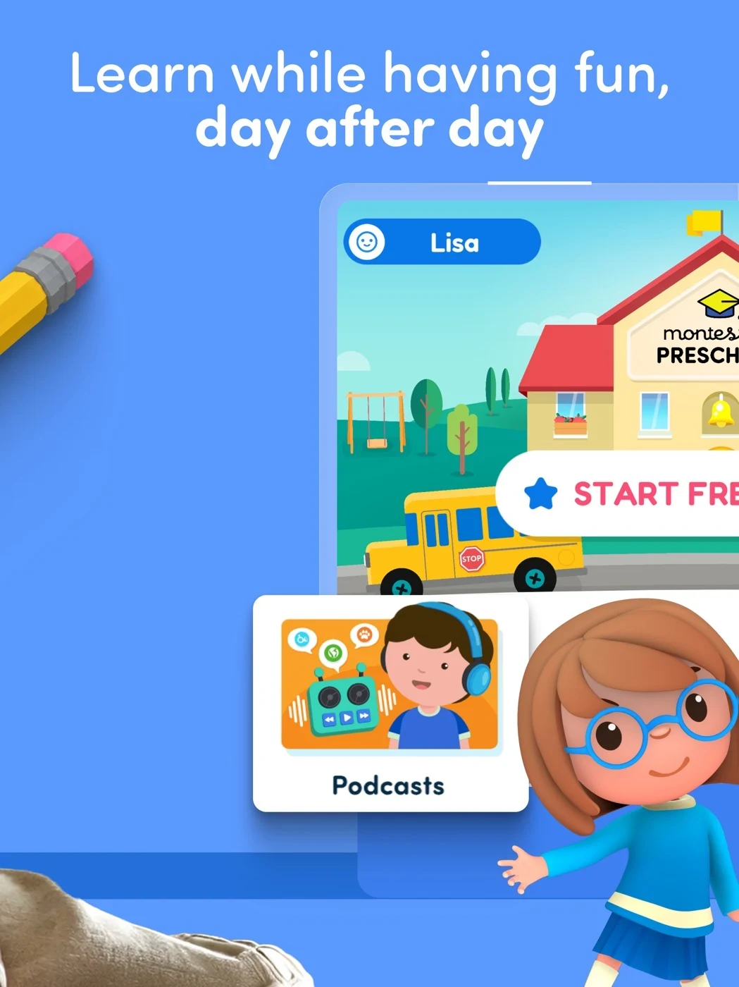 Montessori Preschool, Kids 3-7, panel 3: A school screen and podcasts illustration show the experience.