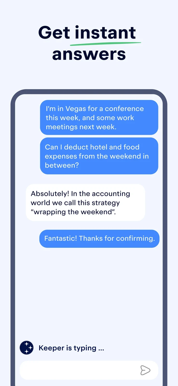 Keeper, panel 4: A sample chat shows a question and a confident answer.