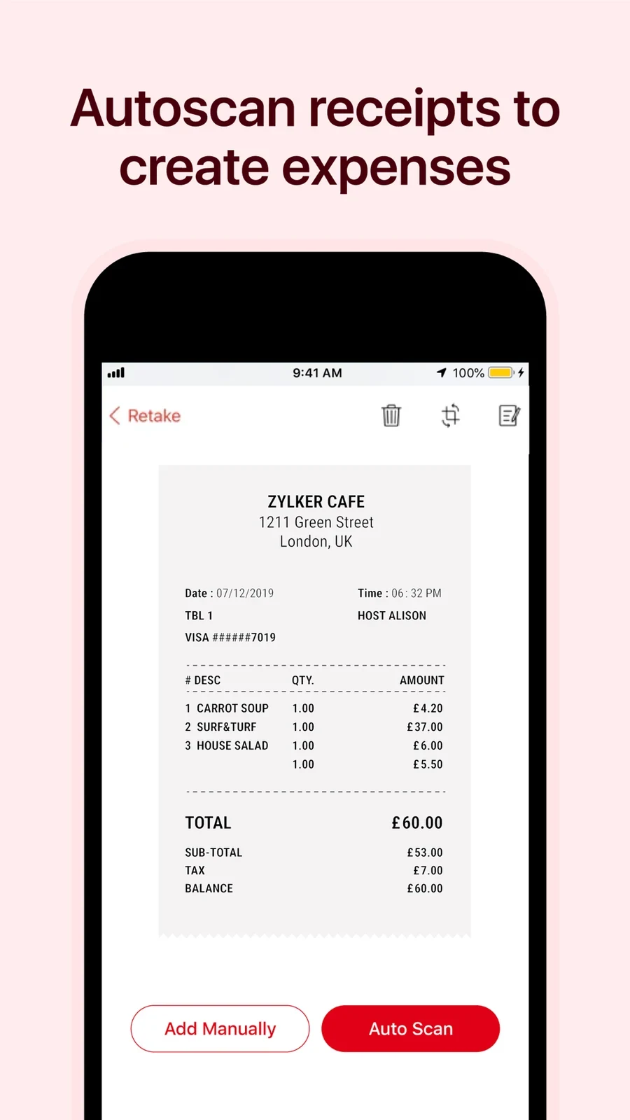 Zoho Expense: receipt capture with manual and scan actions