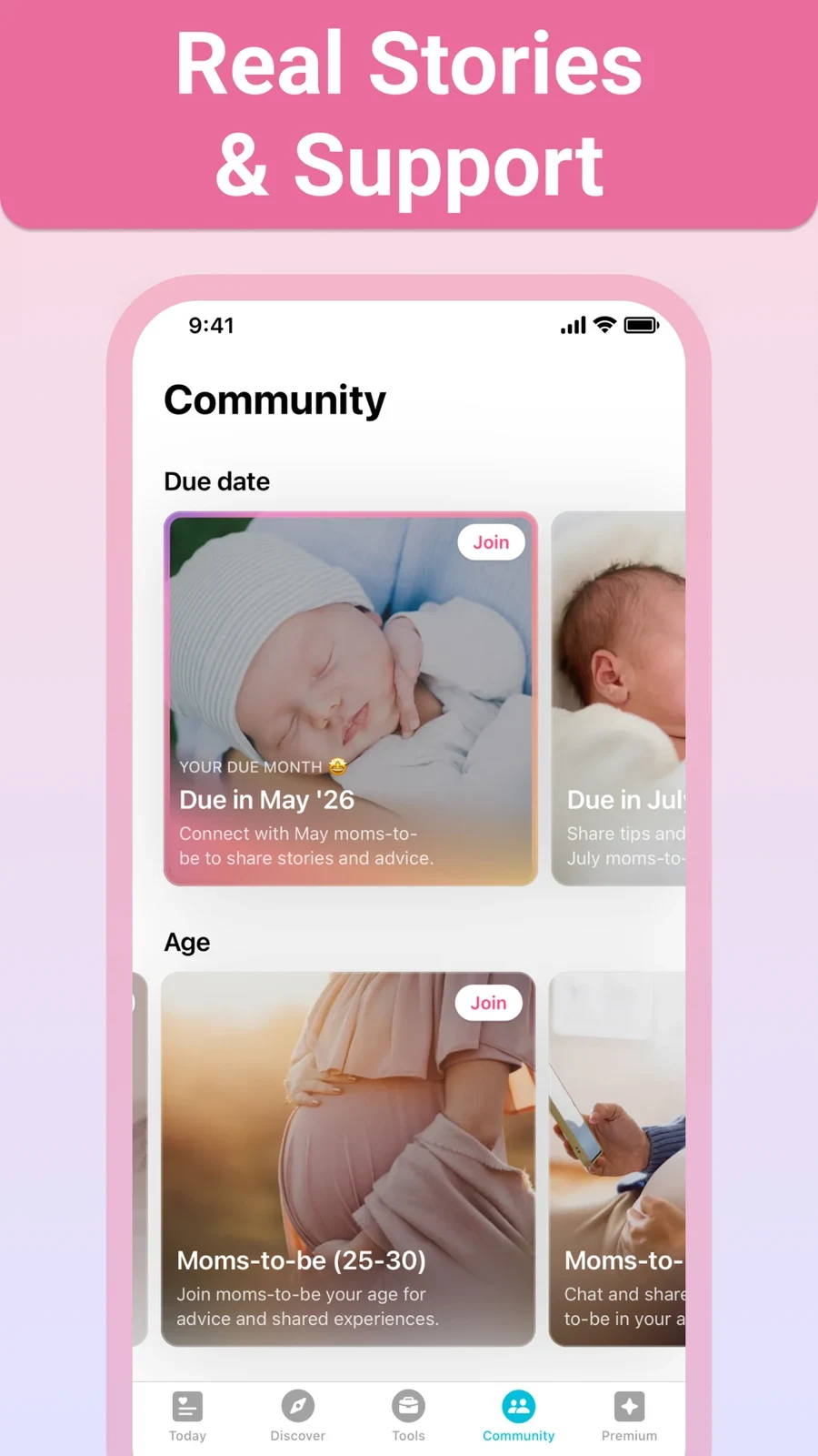 Pregnancy+: community groups by due date and age