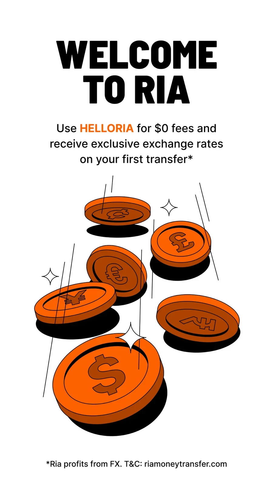 Ria, panel 1: A welcome offer leads with coins and a smaller exchange-rate caveat.