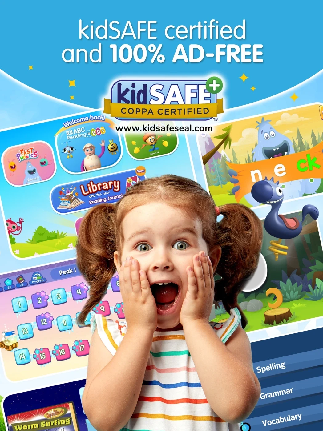 Reading Eggs - Learn to Read, panel 4: A certification badge and ad-free claim appear.