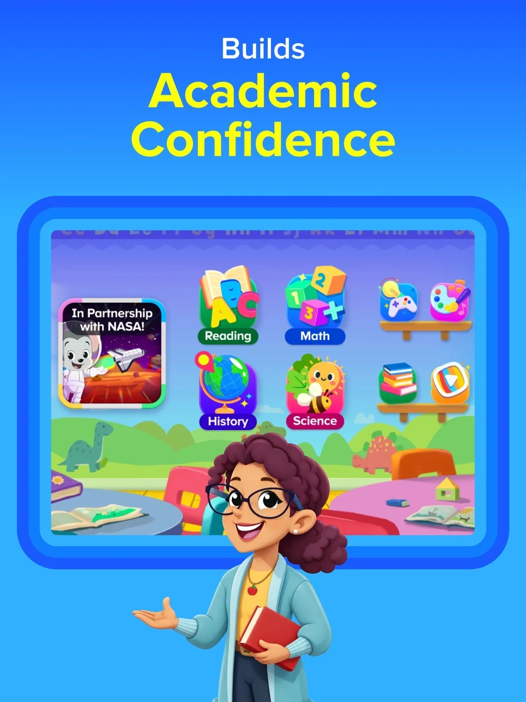 ABCmouse: Kids Learning Games, panel 2: A subject grid appears under a confidence claim.