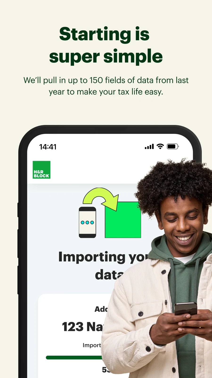 H&R Block Tax Prep, panel 2: A data-import message is partly covered by a person using a phone.