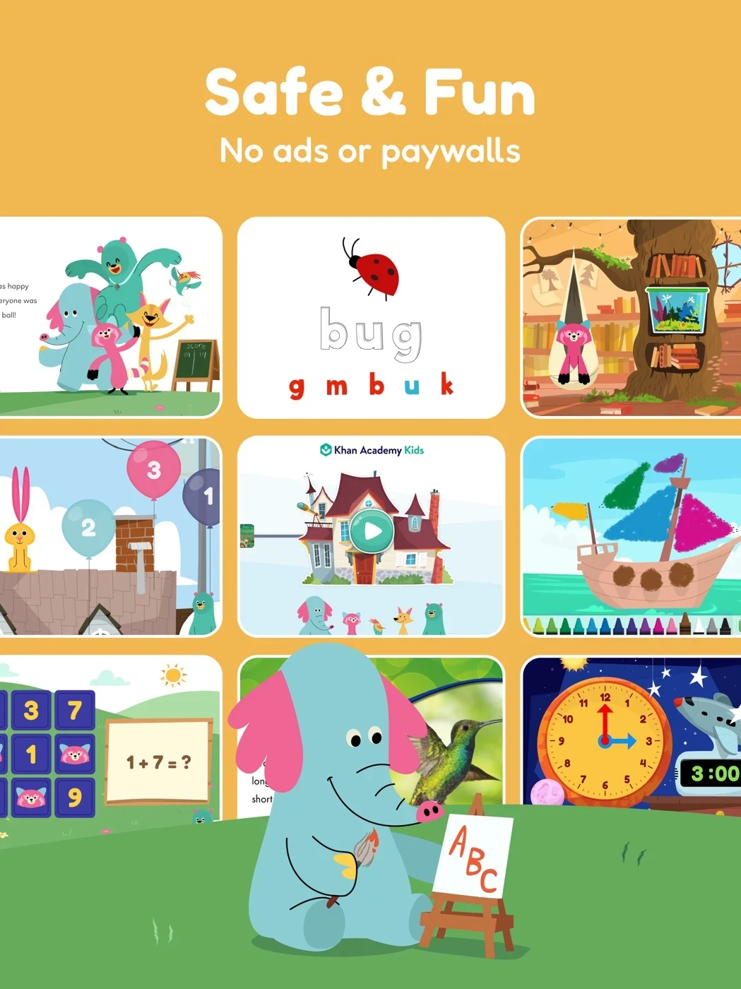 Khan Academy Kids, panel 3: A collage carries no-ads and no-paywall claims.