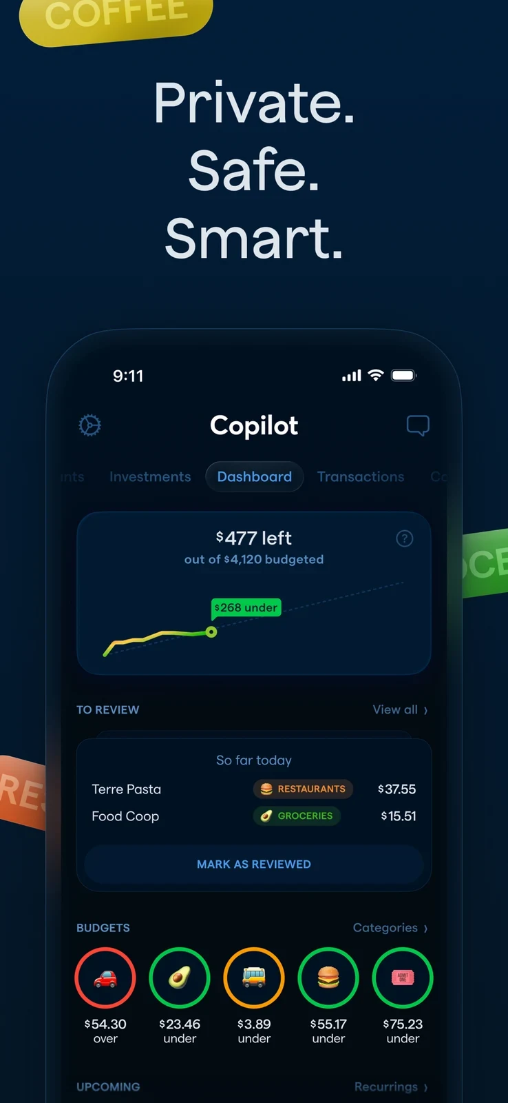 Copilot: dark dashboard with remaining budget pace and transaction review