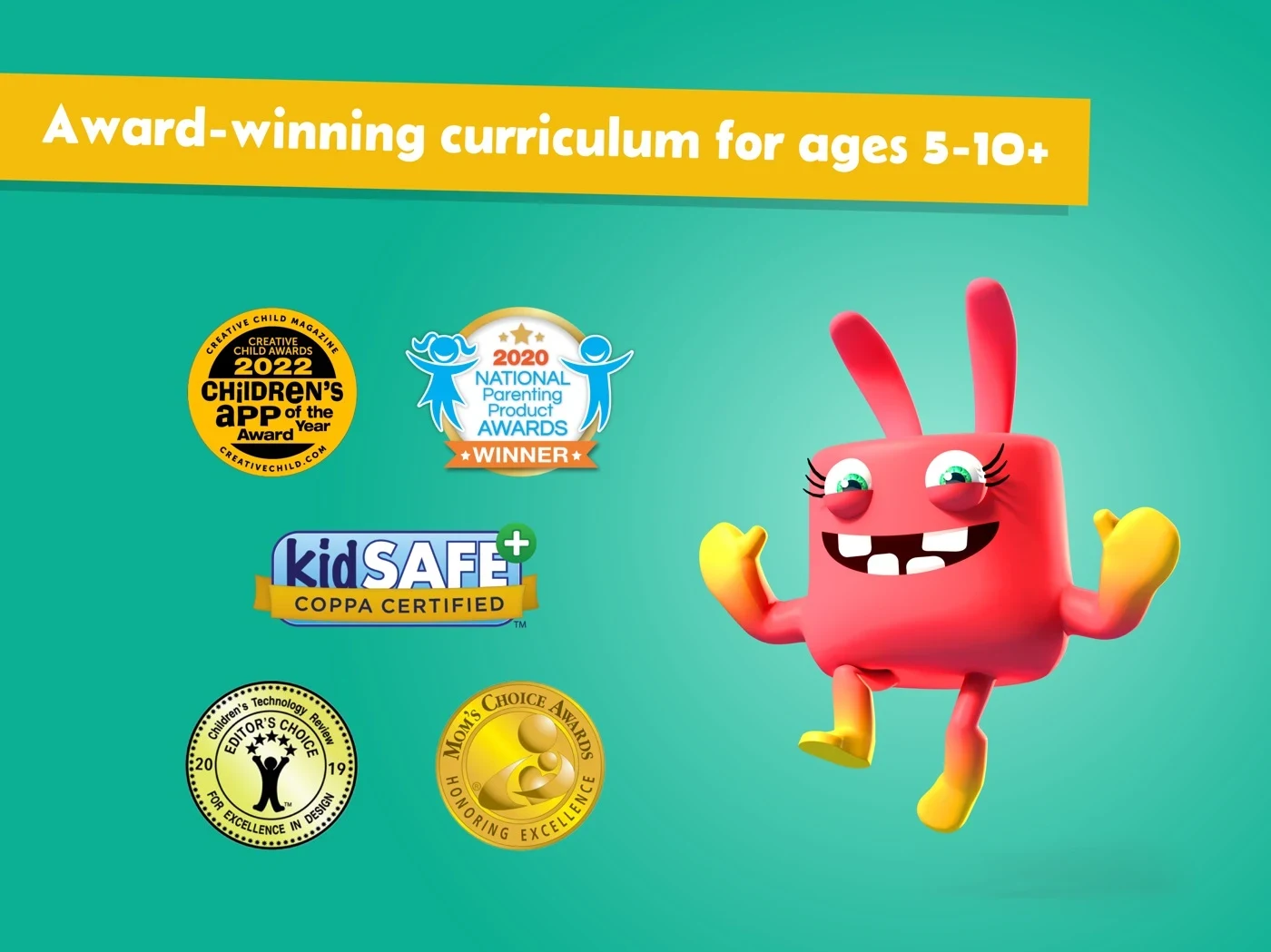 MathTango: Math Games for Kids, panel 2: Awards, age range and a certification badge appear.