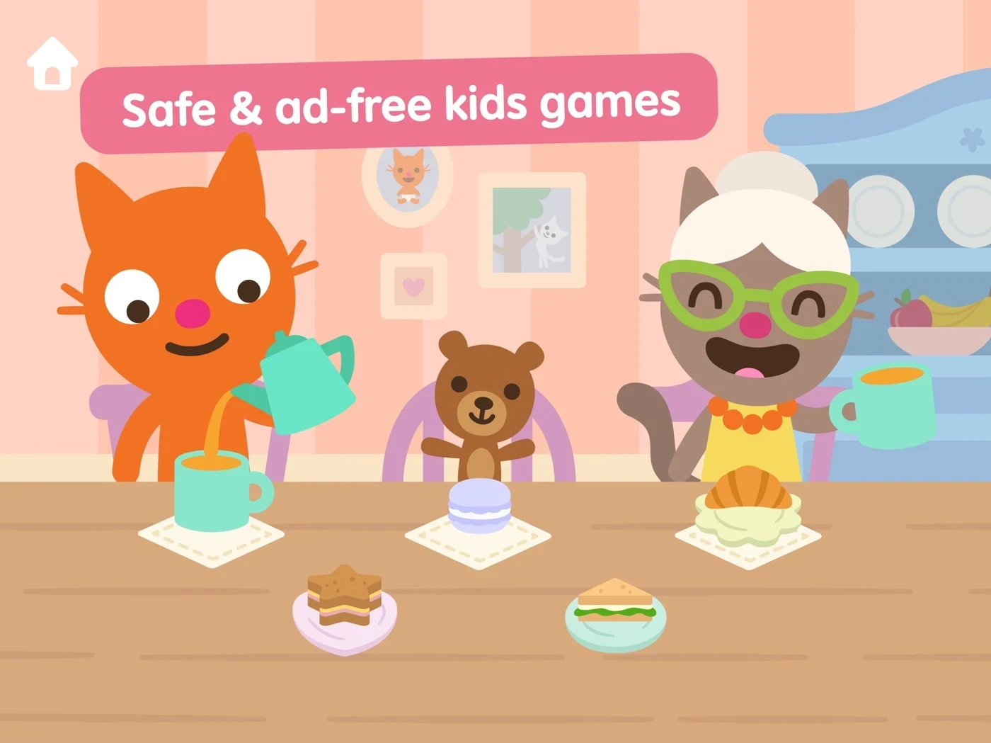 Sago Mini World: Kids Games, panel 2: A tea scene accompanies ad-free and safety wording.