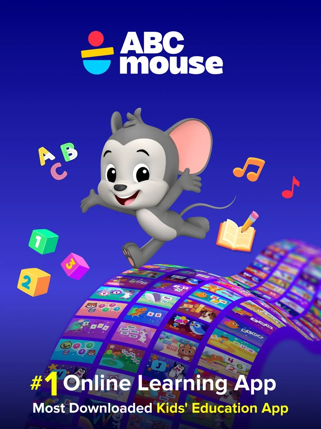 ABCmouse: Kids Learning Games, panel 1: A mascot accompanies a publisher download-ranking claim.