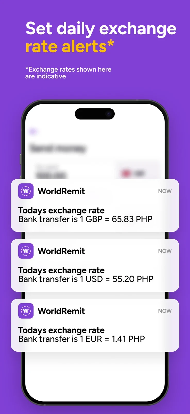 WorldRemit, panel 4: Rate-alert examples enlarge currency information over a blurred background.